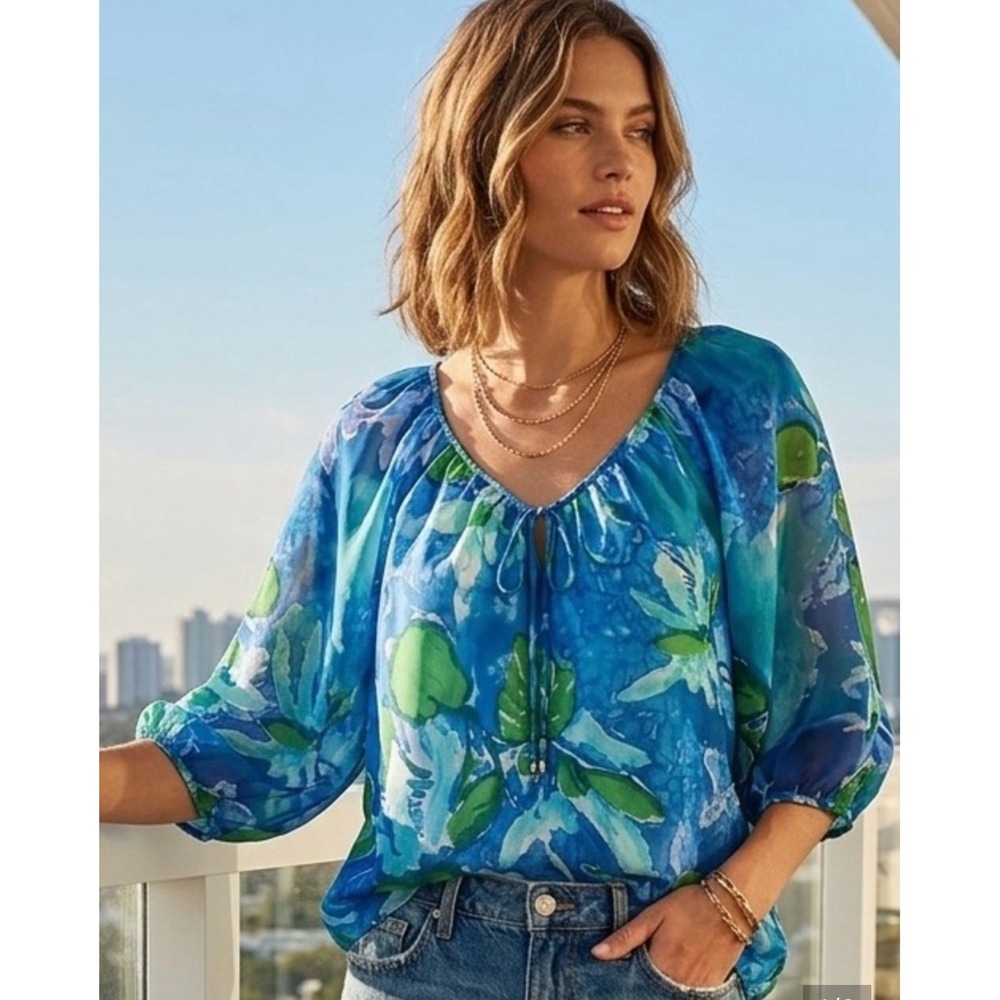 Lauren Ralph Lauren Blue Green Floral Silk Puff Sleeve Blouse Resortwear Chic PS